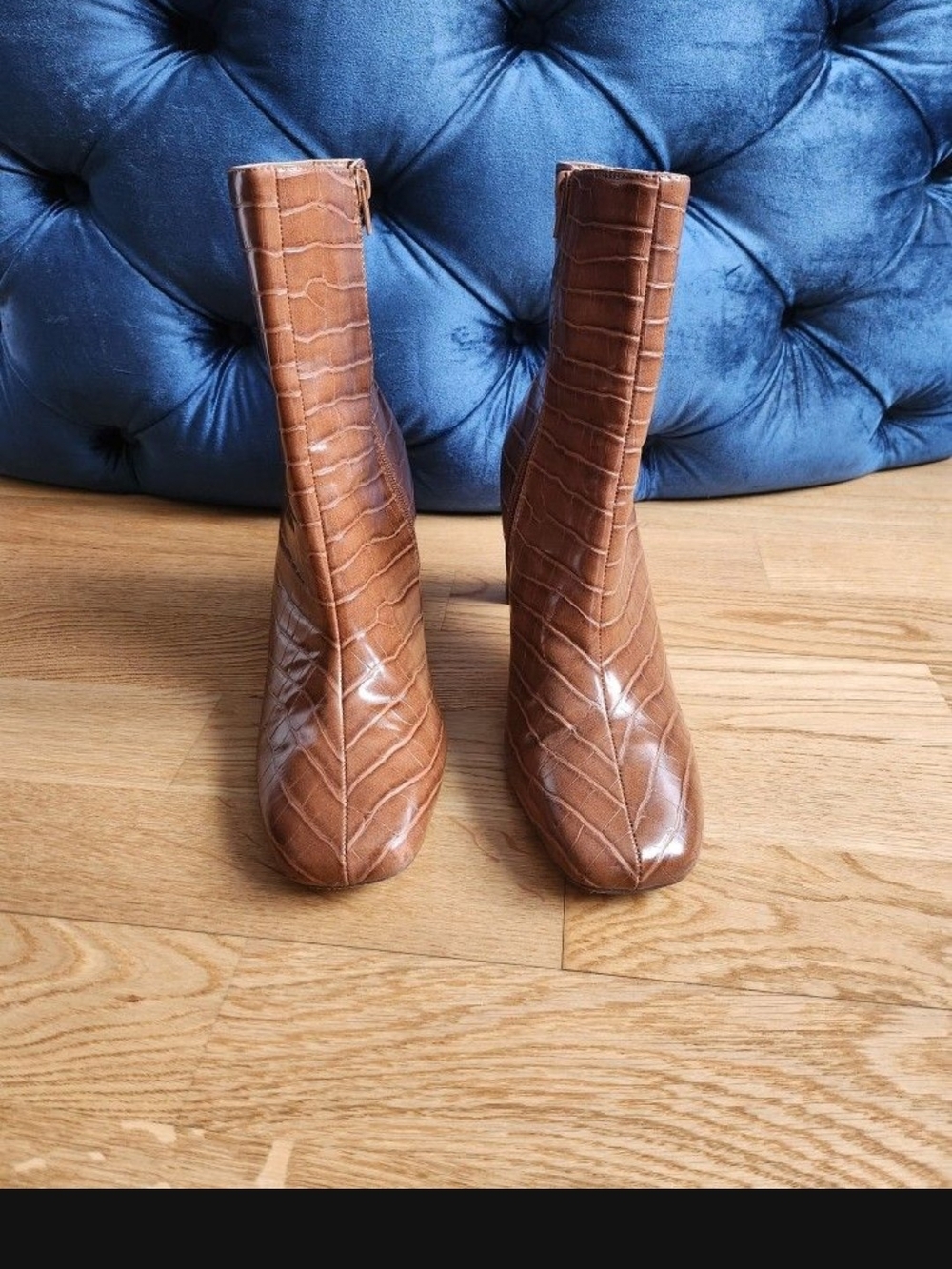 Forever 21 Tan Croc-Embossed Square-Toe Ankle Boots